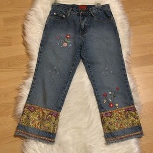 - Gilce blue jeans cropped boho hippie embellished cotton pants trousers s…